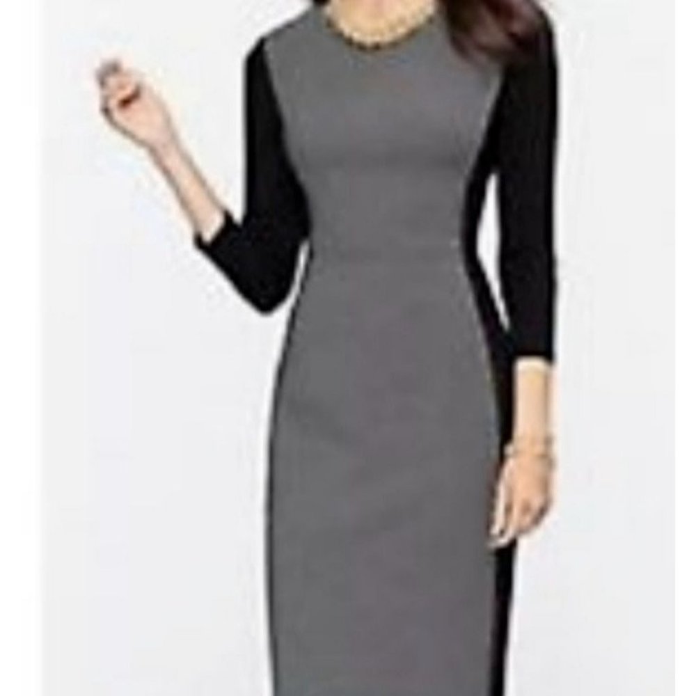 Talbots Dress 10 Black Gray Panel 3/4 Long Sleeve Stretch Sheath Career Church